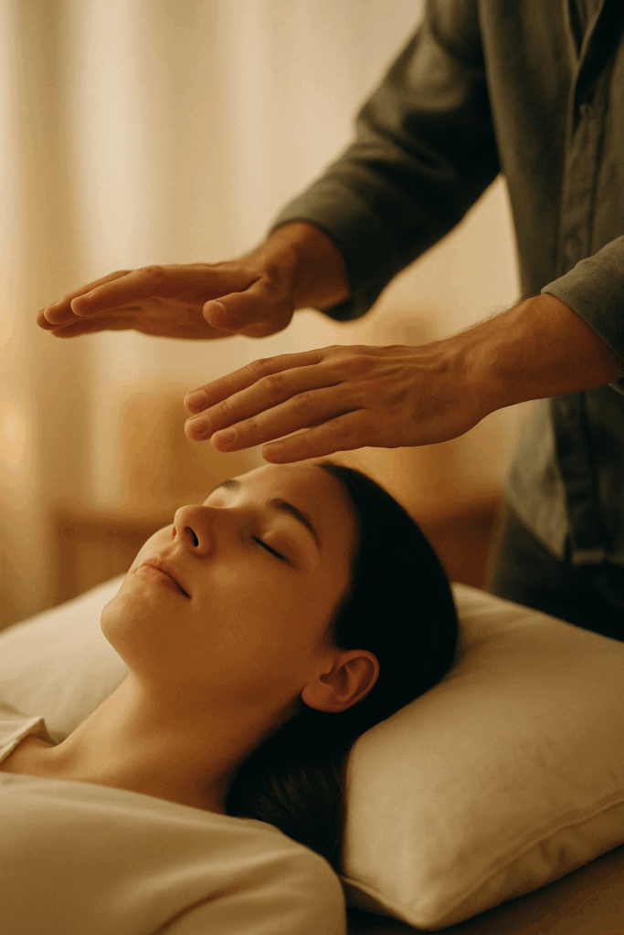 qu'est ce qu'un magnetiseur - Séance de magnétisme énergétique — guérisseur effectuant un soin avec les mains au-dessus de la tête d’une femme allongée, pour soulager stress, fatigue et douleurs.